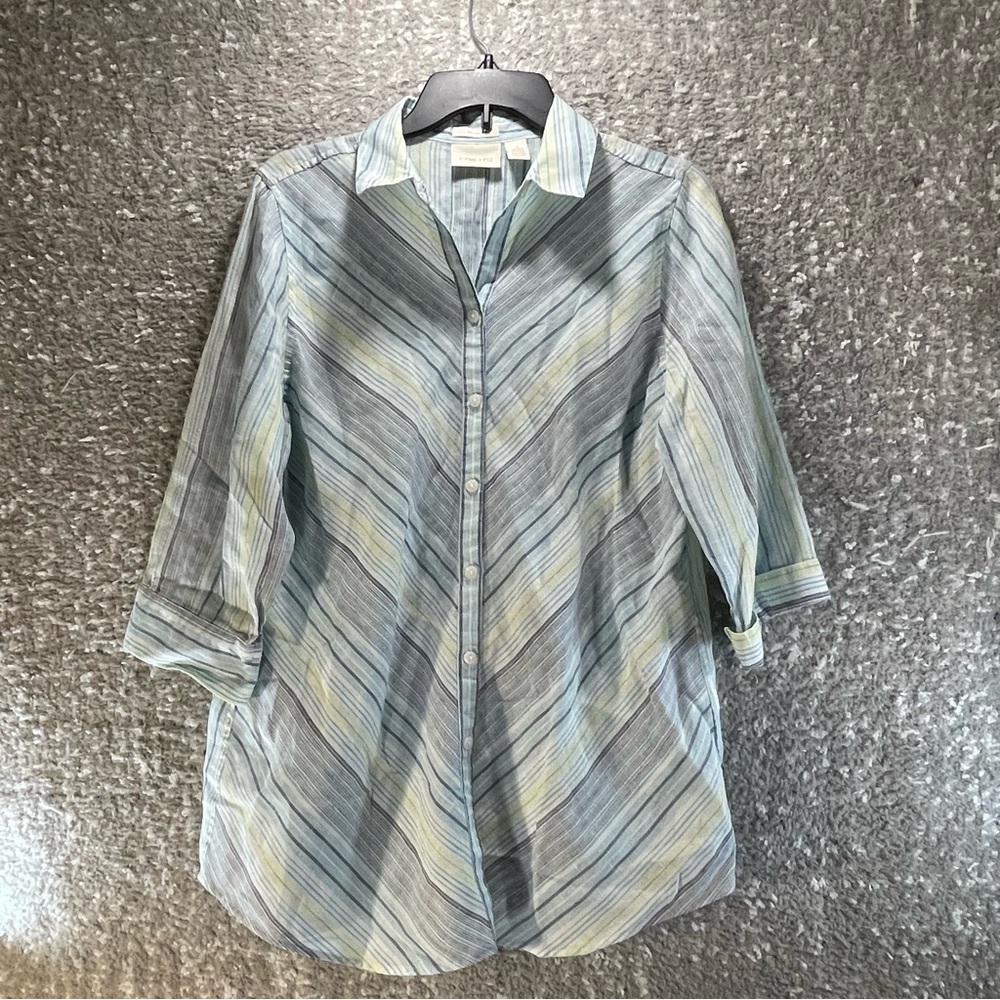 Chicos Women No-iron Linen‎ Striped tunic 3/4 Sleeve Button Up Size 1